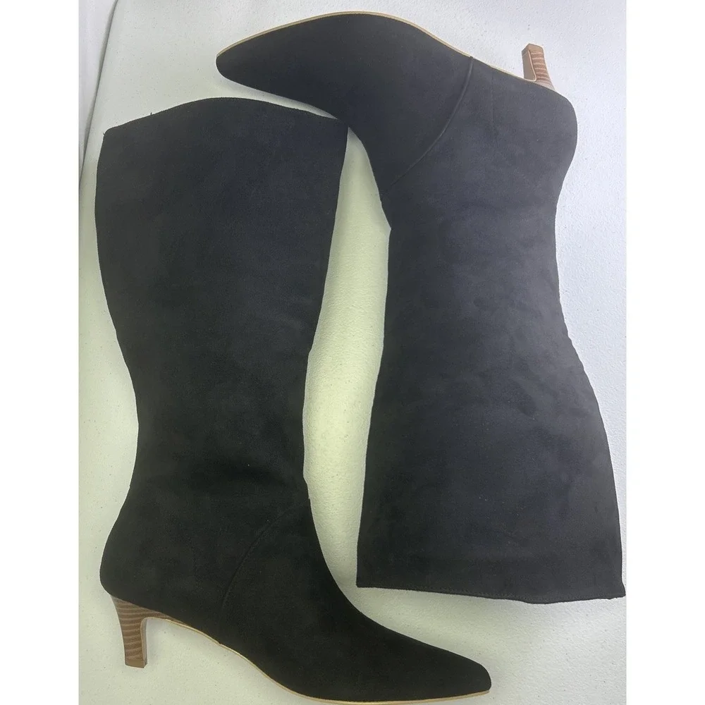 Coutgo Black Suede Knee High Boots Size 8.5 NIB Pointed Toe Kitten‎ Heel